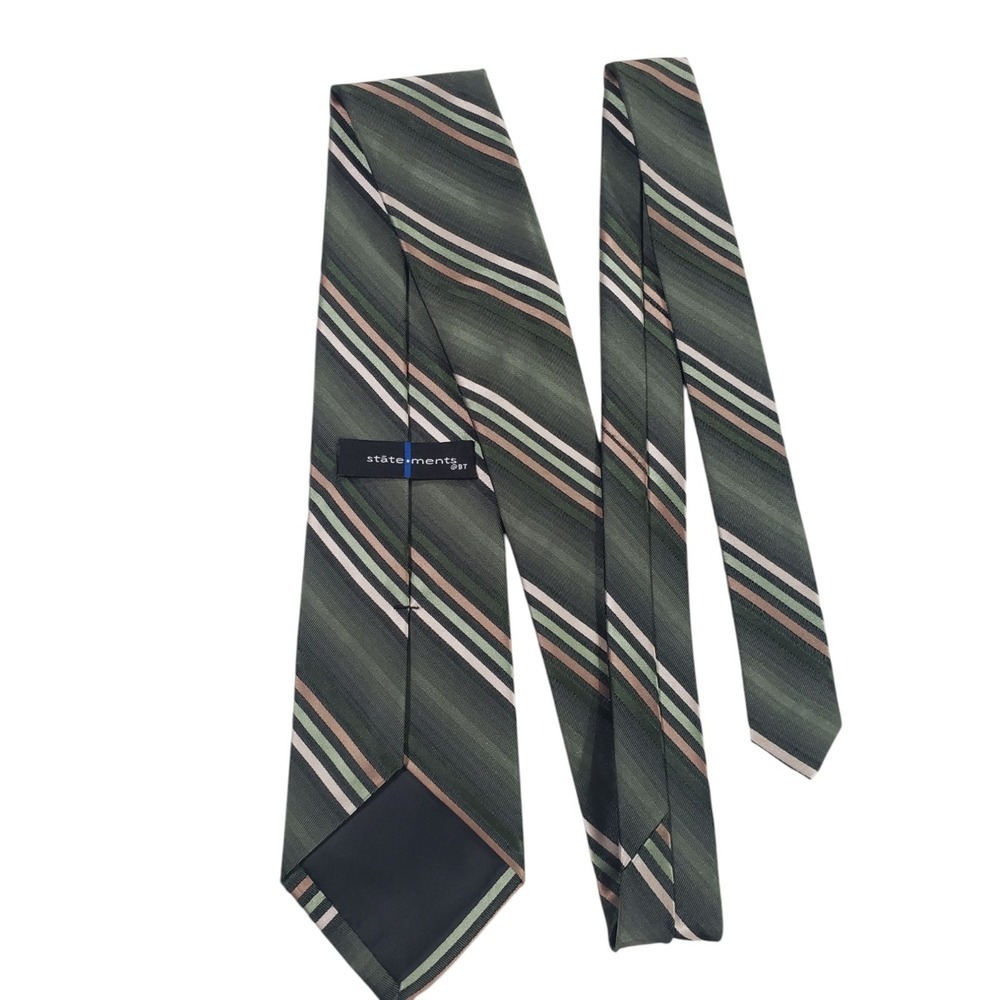 Statements Mens Tie Necktie Designer Luxury Green Tan Cream Stripes‎ Corporate